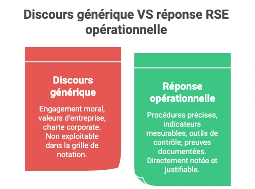 Comparaison entre discours RSE générique et réponse RSE opérationnelle montrant pourquoi seules les actions mesurables et documentées sont notées dans un mémoire technique.