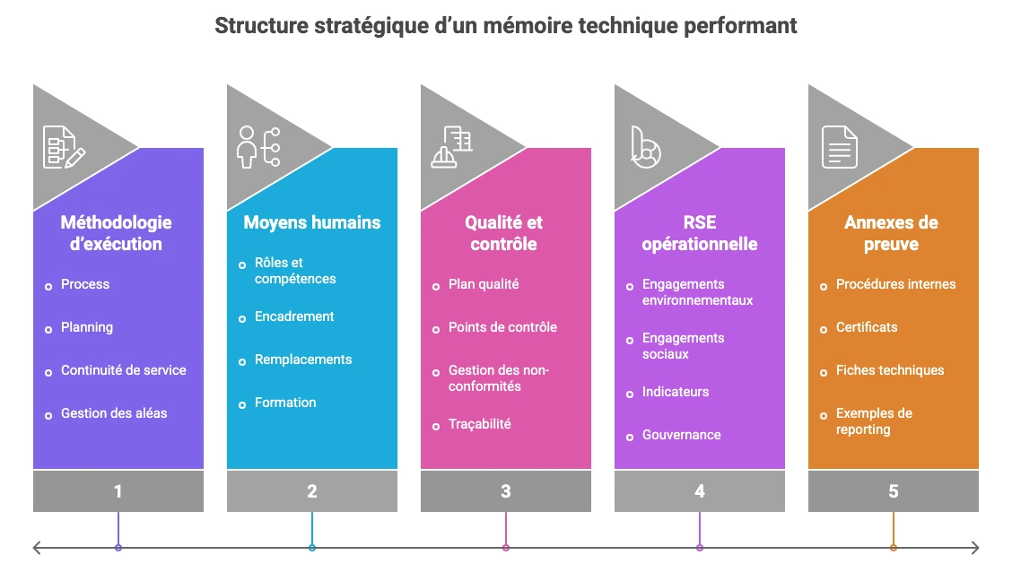 Structure optimale d’un mémoire technique performant en marché public : méthodologie, moyens humains, qualité, RSE opérationnelle et annexes de preuve.