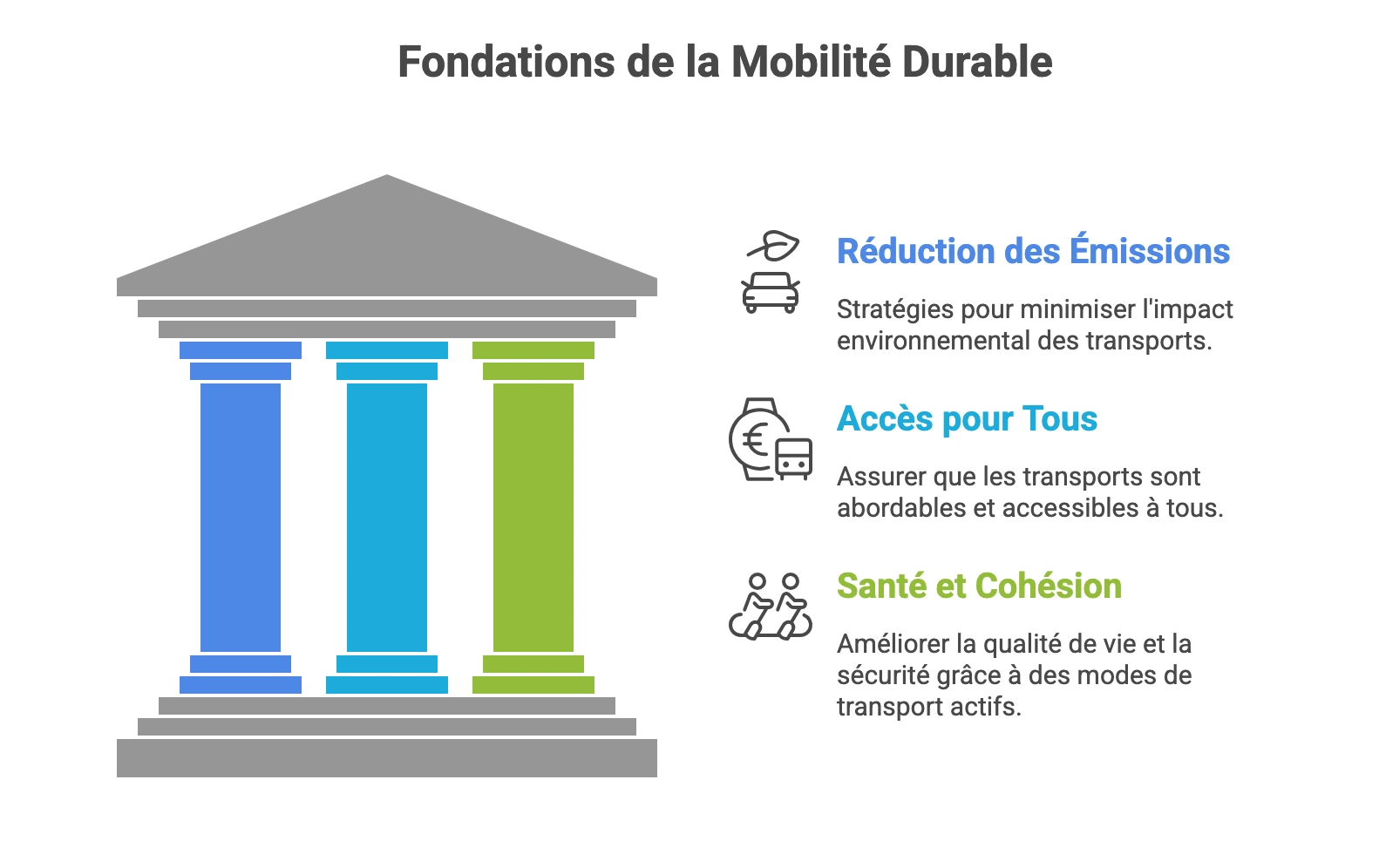 Schéma des fondations de la mobilité durable avec trois piliers : réduction des émissions, accès pour tous et santé et cohésion.