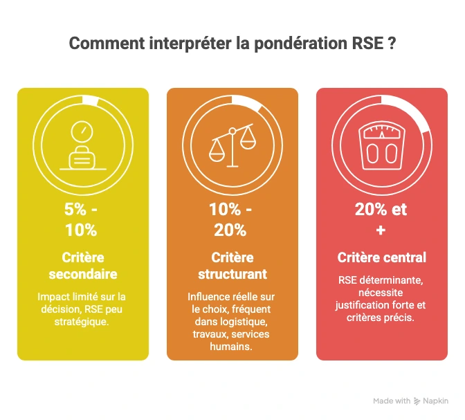 Échelle de pondération RSE dans les marchés publics montrant les niveaux 5 à 10 %, 10 à 20 % et plus de 20 % et leur impact sur la décision.