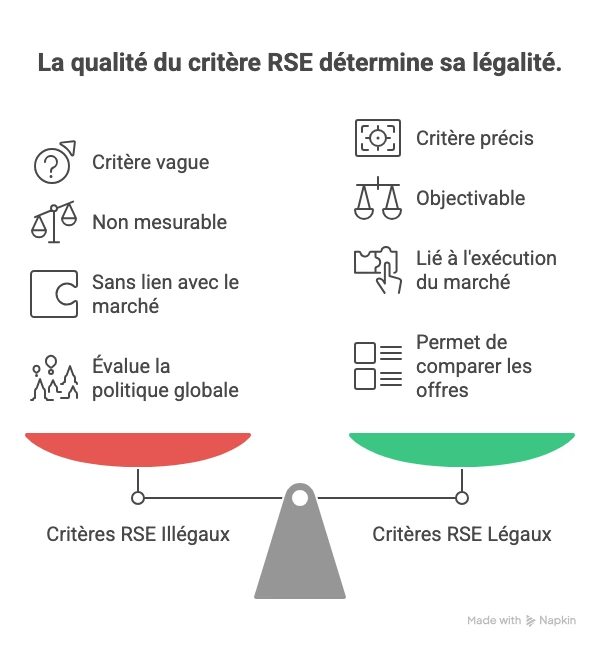 Comparaison entre critères RSE légaux et illégaux dans les marchés publics selon leur précision, objectivité et lien avec l’exécution du marché.