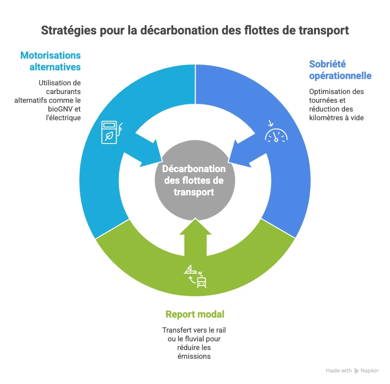Infographie des 4 étapes pour décarboner une flotte : bilan carbone, plan de transformation, aides financières et suivi RSE