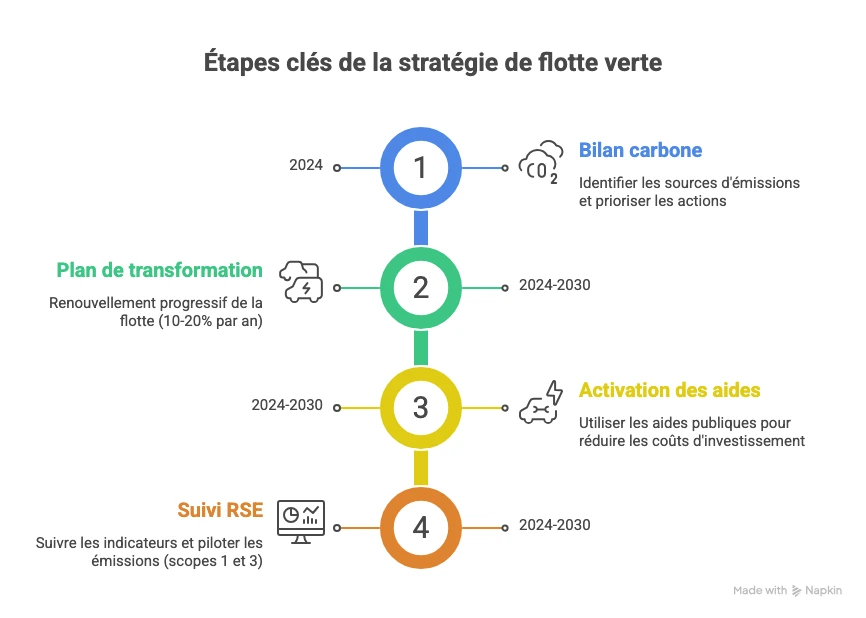 Infographie des 4 étapes pour décarboner une flotte : bilan carbone, plan de transformation, aides financières et suivi RSE