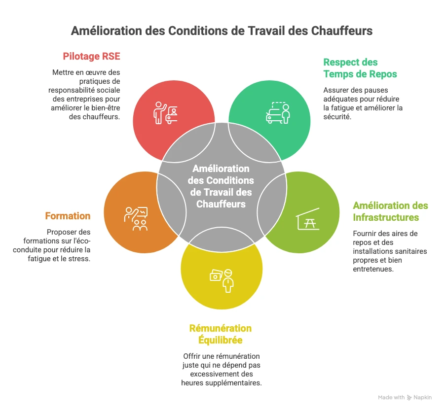 Amélioration des conditions de travail des chauffeurs : leviers RSE dans le transport routier (repos, rémunération, infrastructures et pilotage social)