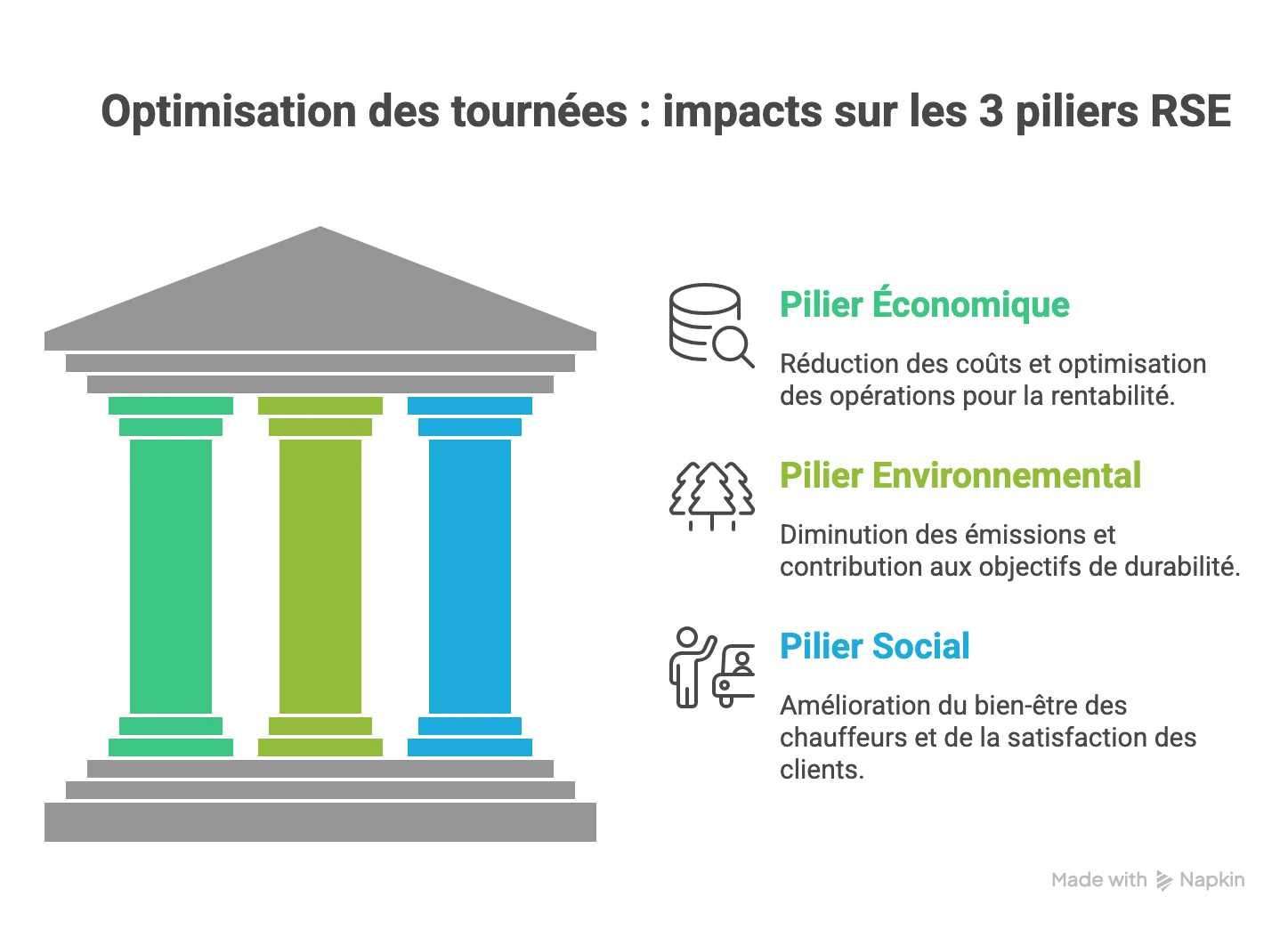 optimisation des tournées RSE piliers économique environnemental social réduction coûts émissions CO2 transport responsable