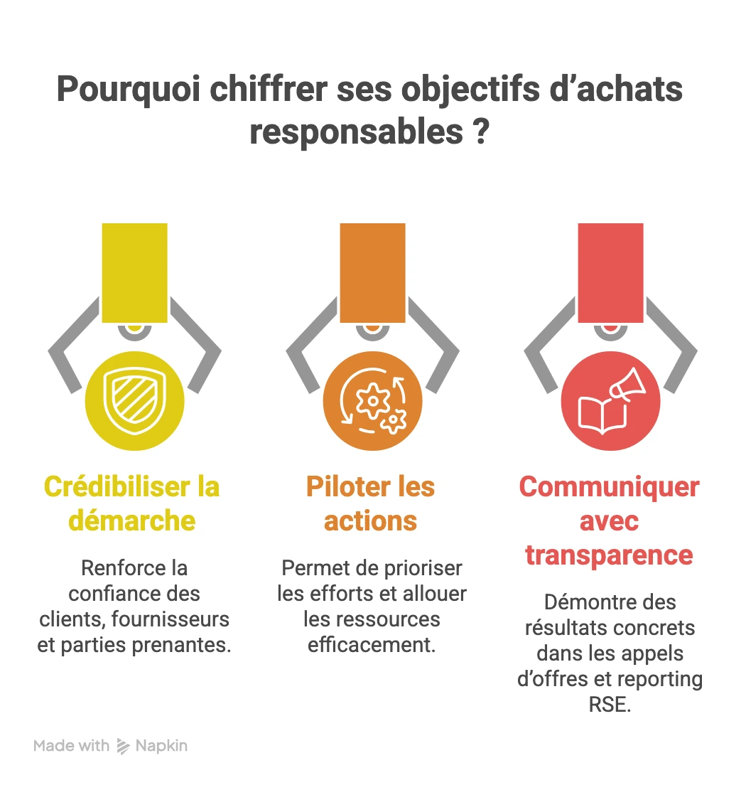 Les trois raisons de chiffrer ses objectifs achats responsables : crédibiliser la démarche, piloter les actions et communiquer avec transparence