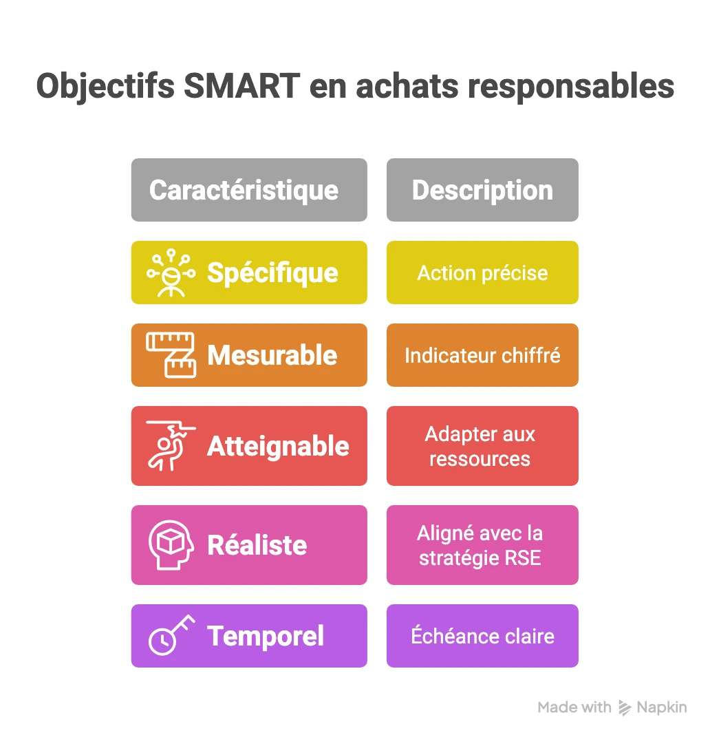 Méthode SMART appliquée aux achats responsables avec objectifs spécifiques, mesurables, atteignables, réalistes et temporels