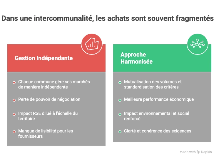 Comparaison des achats en intercommunalité : gestion indépendante fragmentée vs approche harmonisée avec mutualisation, performance économique et impact RSE renforcé