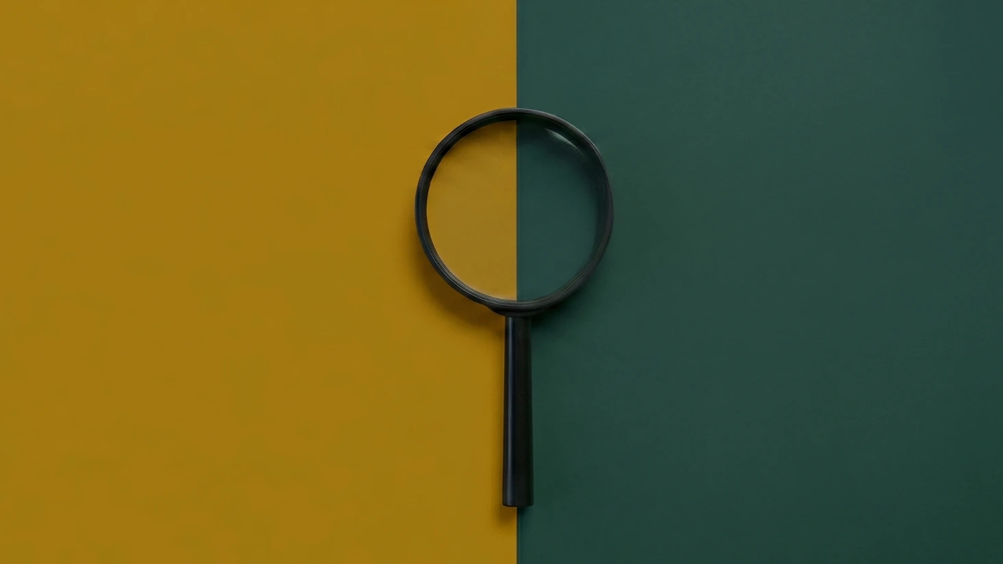 Une loupe noire centrée verticalement sur une séparation de deux couleurs. La partie gauche de l'arrière-plan est ocre jaune, tandis que la partie droite est vert sapin.