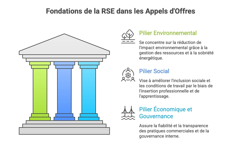Schéma des trois piliers de la RSE dans les appels d'offres représenté par un temple grec avec trois colonnes: pilier environnemental (vert) pour la réduction de l'impact environnemental, pilier social (bleu) pour l'inclusion et les conditions de travail, et pilier économique et gouvernance (bleu clair) pour la fiabilité et la transparence des pratiques commerciales